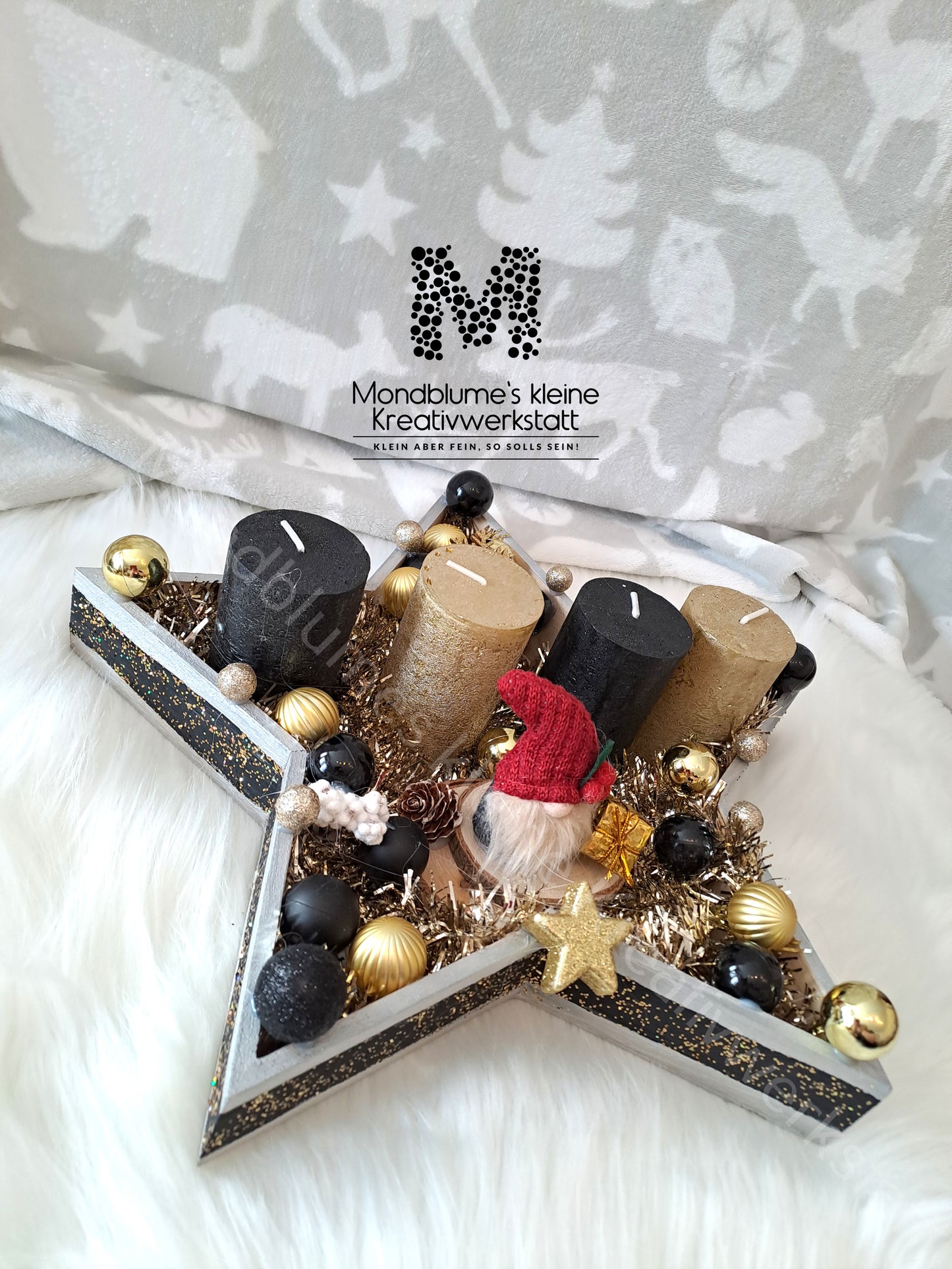 Handgemachter Adventkranz Sternenform Gold-Schwarz | Unikat mit Wichtel