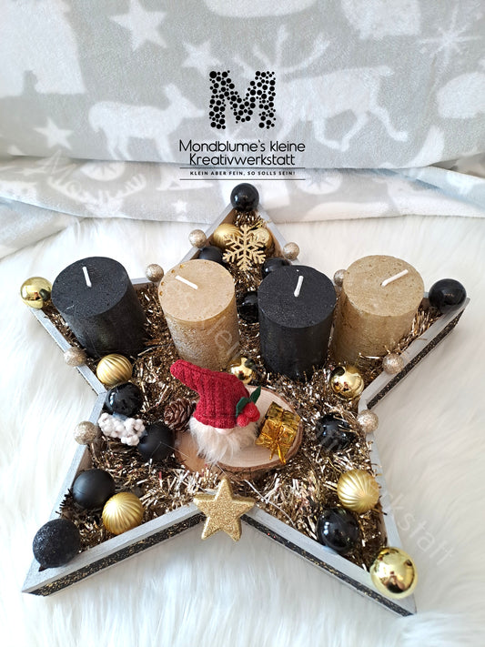 Handgemachter Adventkranz Sternenform Gold-Schwarz | Unikat mit Wichtel
