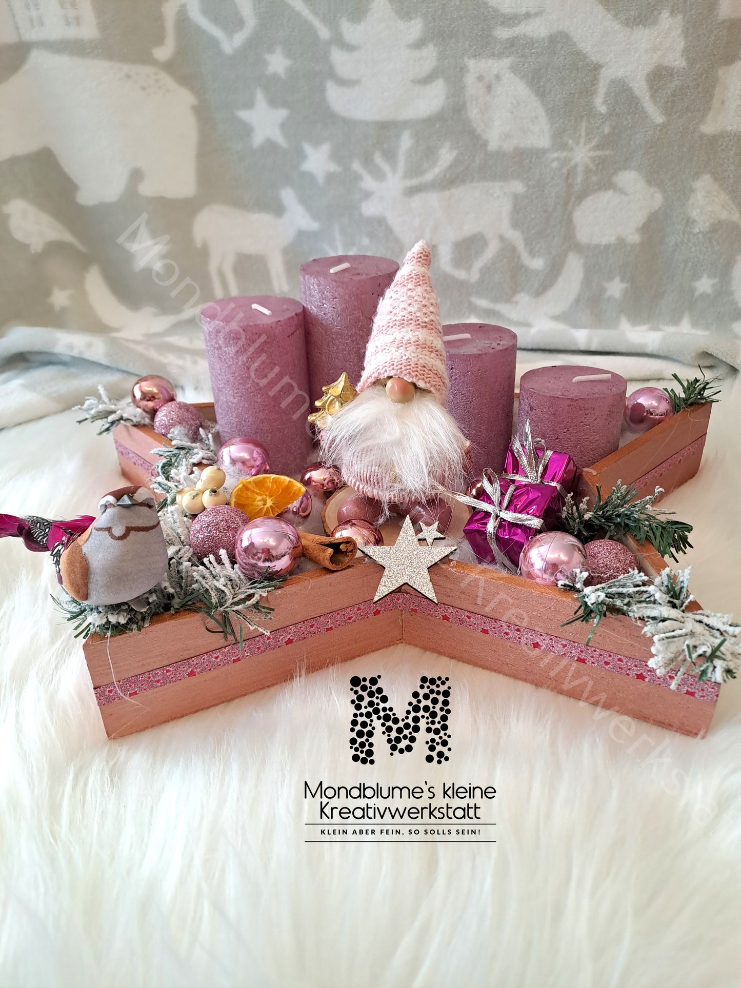 Handgemachter Adventkranz Sternenform Rosa | Unikat mit Wichtel