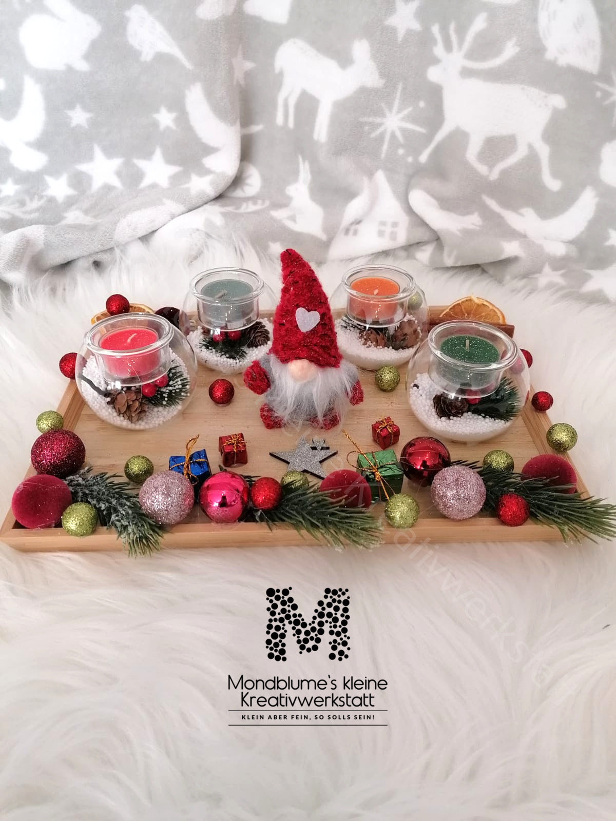 Süßer kleiner Adventteller mit 4 Kerzen | Handgemacht