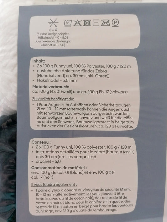 Gründl Funny Uni Häkelset Zebra Zottel | Chenille-Garn 25cm