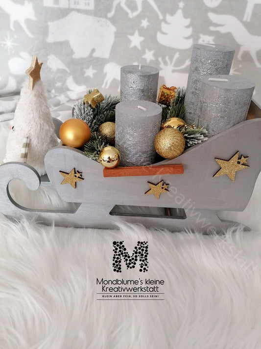 Wunderschöner Adventschlitten, grau mit Wichtelchen