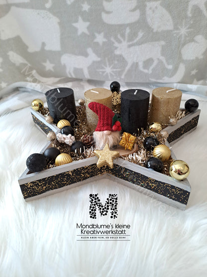 Handgemachter Adventkranz Sternenform Gold-Schwarz | Unikat mit Wichtel