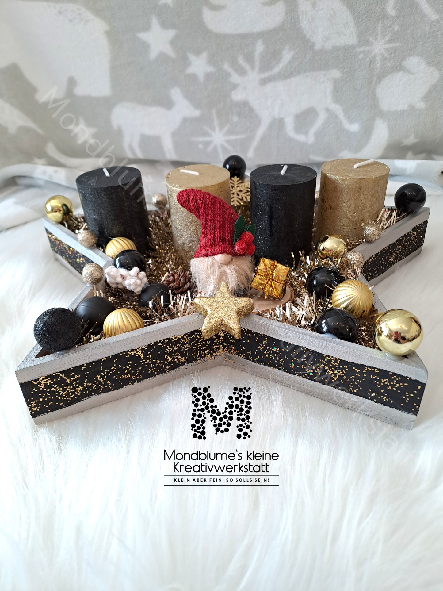 Handgemachter Adventkranz Sternenform Gold-Schwarz | Unikat mit Wichtel