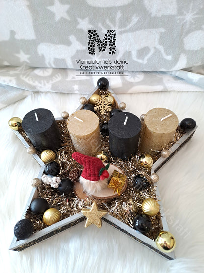 Handgemachter Adventkranz Sternenform Gold-Schwarz | Unikat mit Wichtel