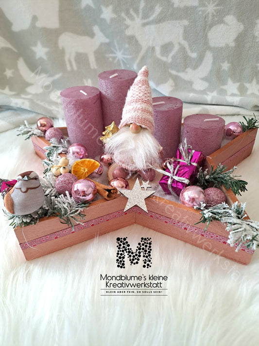 Handgemachter Adventkranz Sternenform Rosa | Unikat mit Wichtel