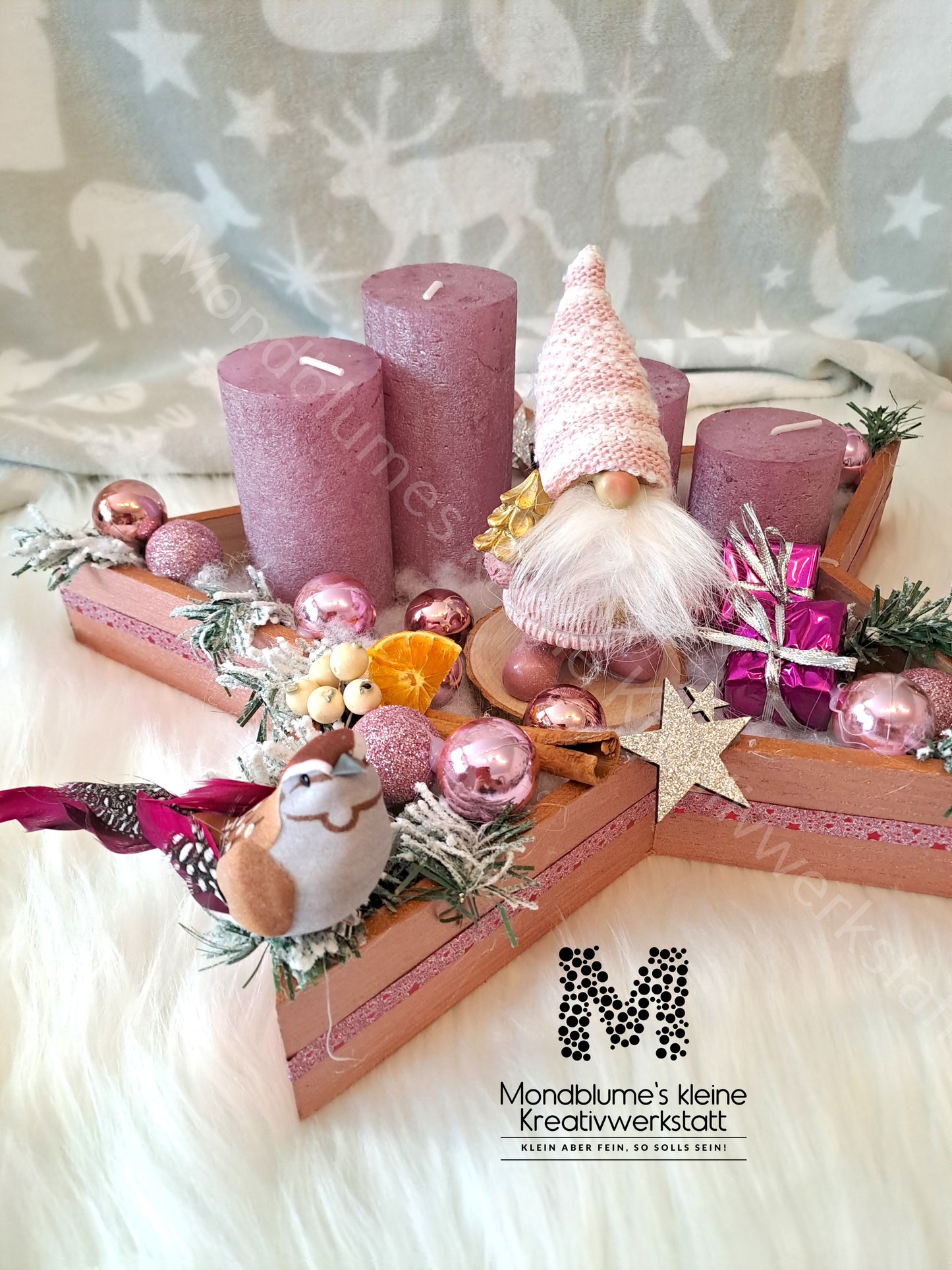 Handgemachter Adventkranz Sternenform Rosa | Unikat mit Wichtel
