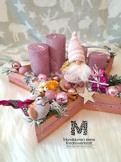 Handgemachter Adventkranz Sternenform Rosa | Unikat mit Wichtel
