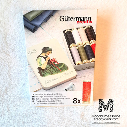 Gütermann Nostalgie Box – 8 Spulen Allesnäher je 100m, geprüft nach DIN EN 71-3