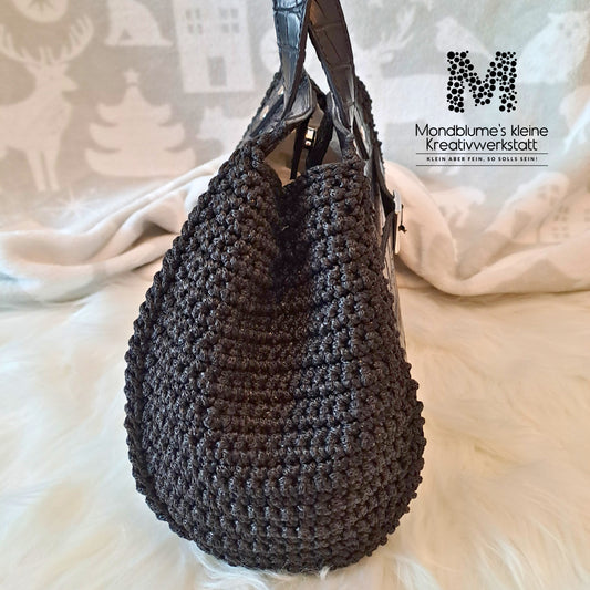Handgehäkelte wunderschöne Tasche in Kunstlederoptik (Schwarz, Metallic-Garn)