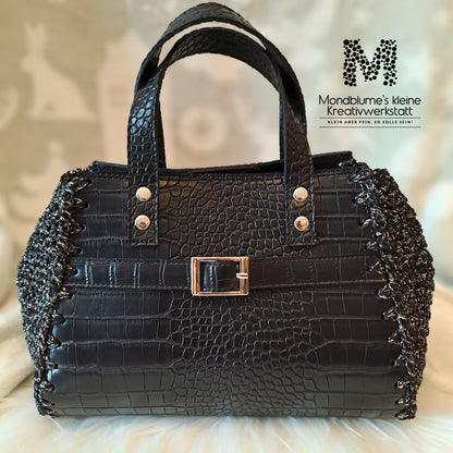 Handgehäkelte wunderschöne Tasche in Kunstlederoptik (Schwarz, Silber-Metallic-Garn)