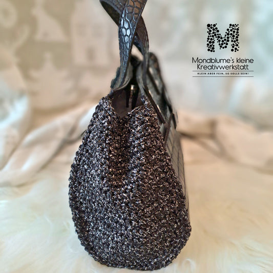 Handgehäkelte wunderschöne Tasche in Kunstlederoptik (Schwarz, Silber-Metallic-Garn)