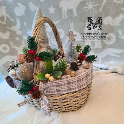 Handgemachtes Weihnachtsarrangement im Dekokorb mit Wichtel - Ansicht 5