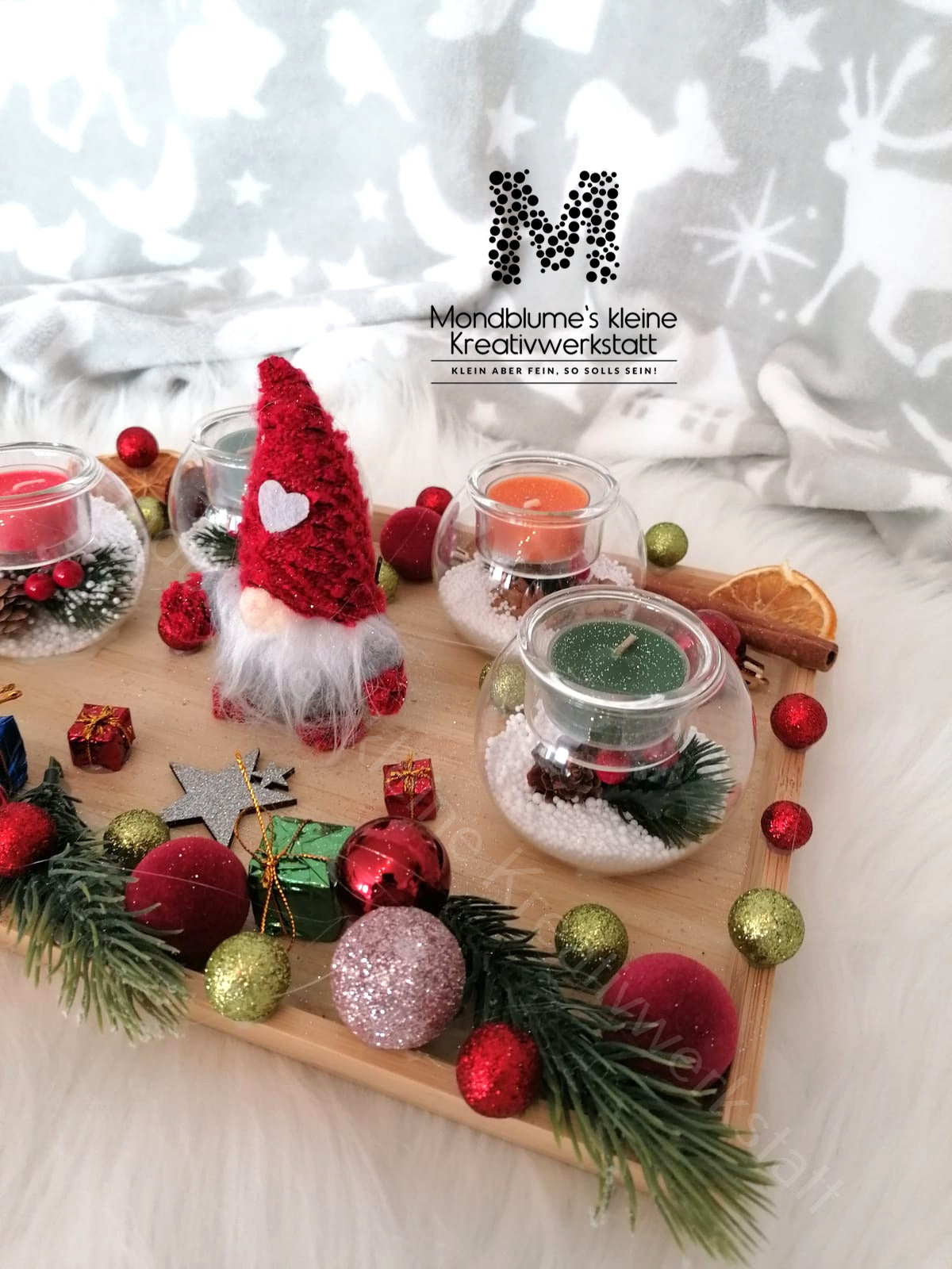 Süßer kleiner Adventteller mit 4 Kerzen | Handgemacht