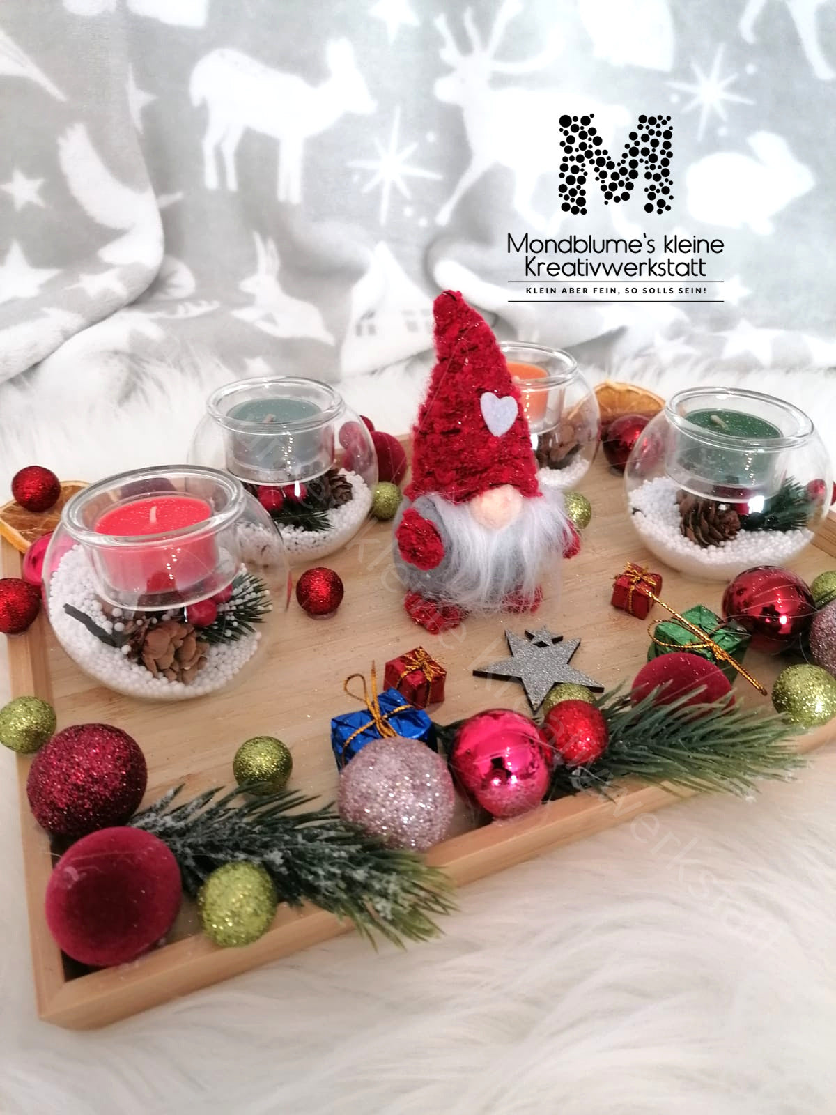 Süßer kleiner Adventteller mit 4 Kerzen | Handgemacht