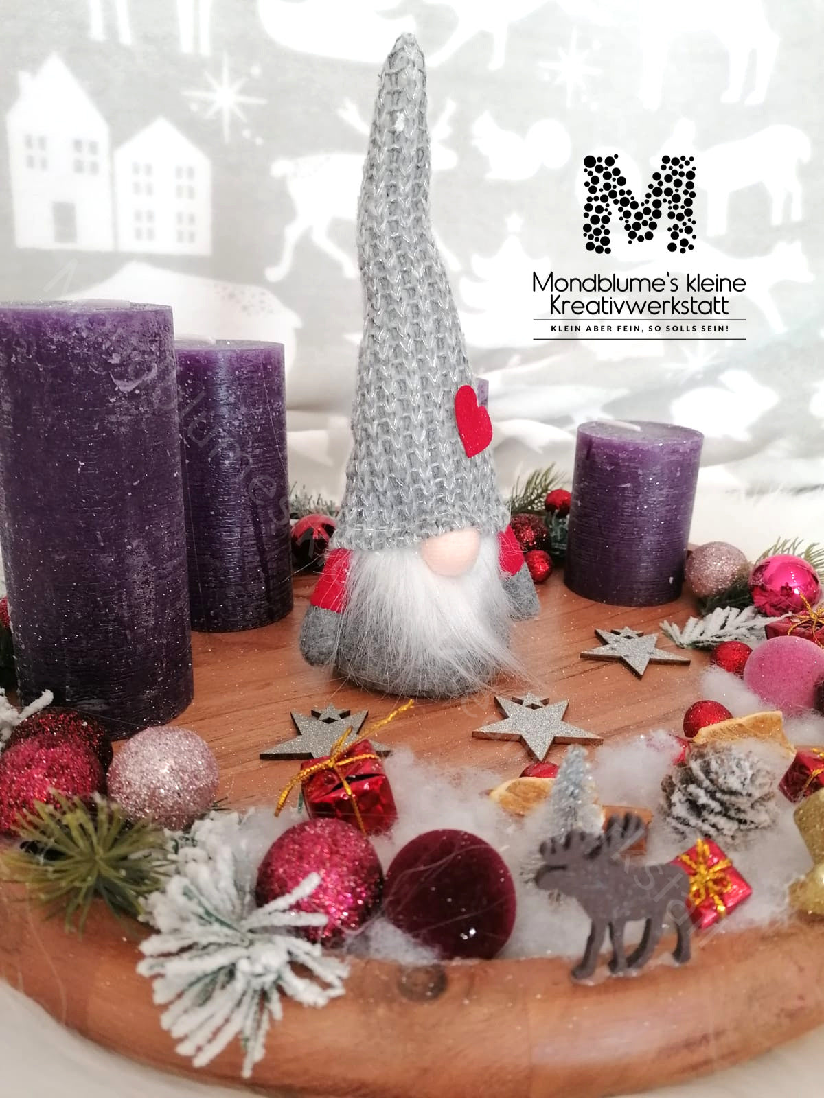 Handgemachter Adventkranzteller mit Wichtel | Winterzauber Ø 35cm