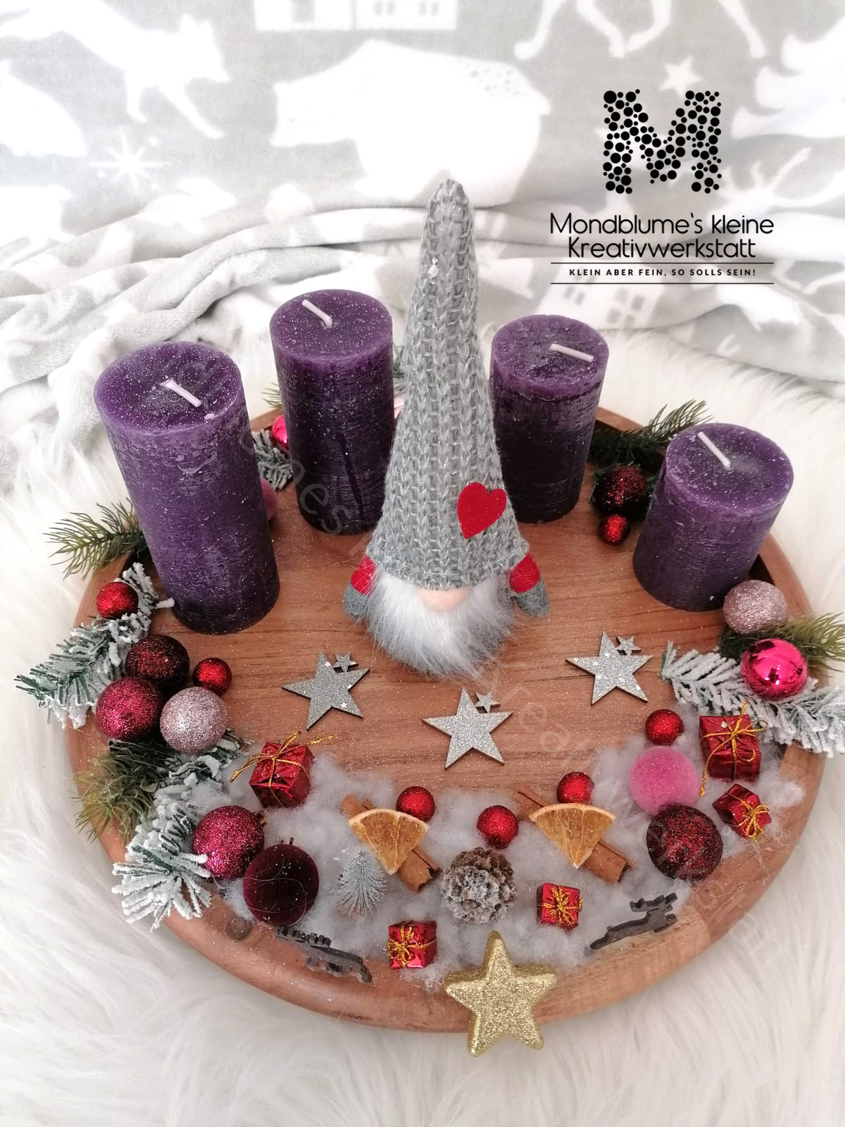 Handgemachter Adventkranzteller mit Wichtel | Winterzauber Ø 35cm