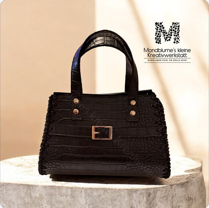 Handgehäkelte wunderschöne Tasche in Kunstlederoptik (Schwarz, Metallic-Garn)