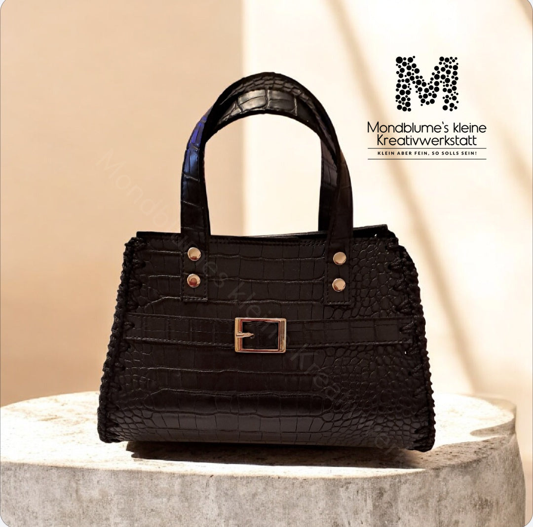 Handgehäkelte wunderschöne Tasche in Kunstlederoptik (Schwarz, Metallic-Garn)