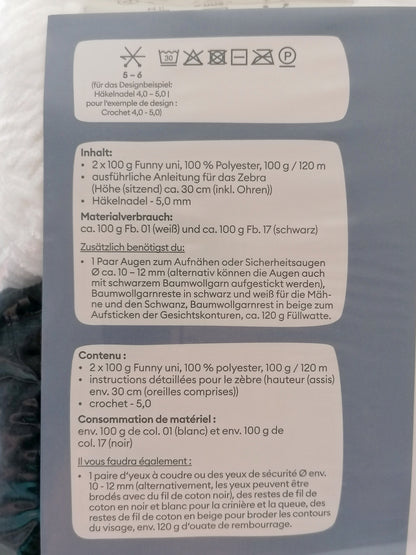 Gründl Funny Uni Häkelset Zebra Zottel | Chenille-Garn 25cm