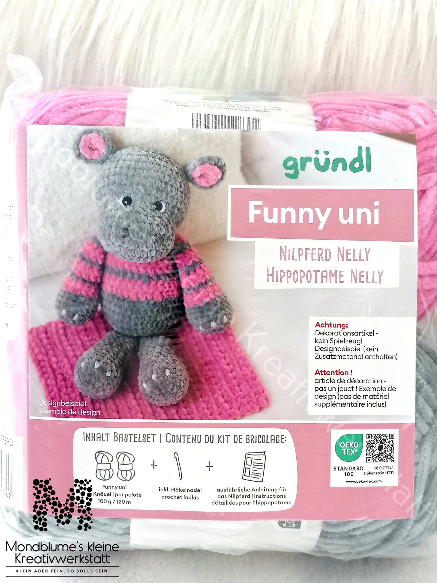 Gründl Funny Uni Häkelset Nilpferd Nelly | Chenille-Garn 25cm