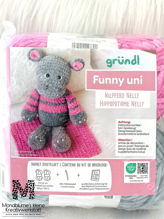 Gründl Funny Uni Häkelset Nilpferd Nelly | Chenille-Garn 25cm