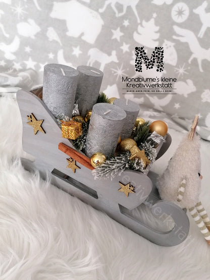 Wunderschöner Adventschlitten, grau mit Wichtelchen