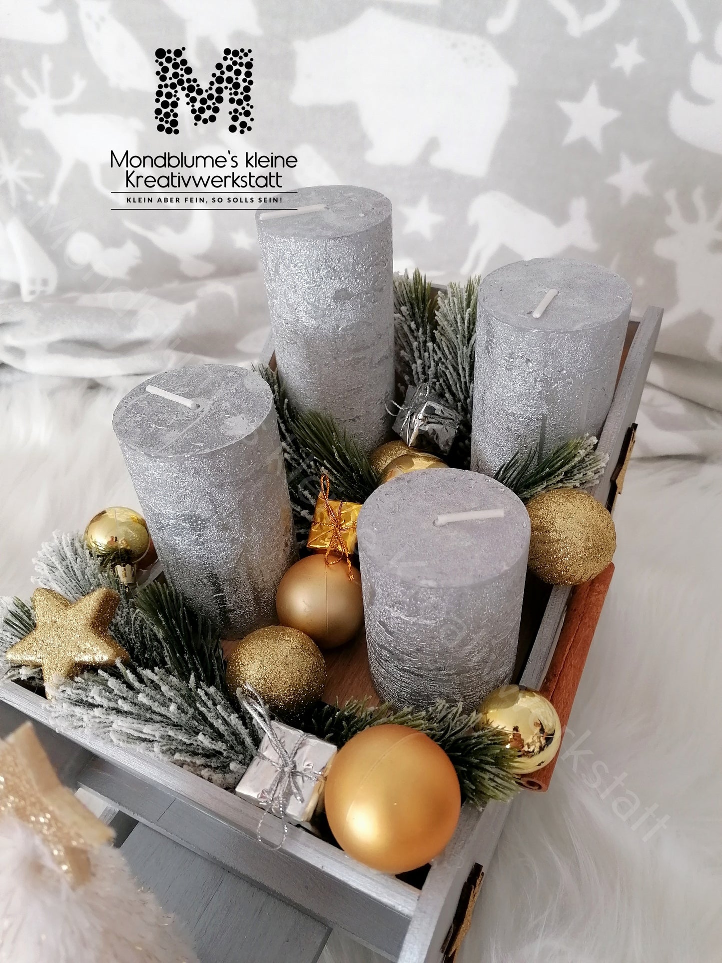 Wunderschöner Adventschlitten, grau mit Wichtelchen